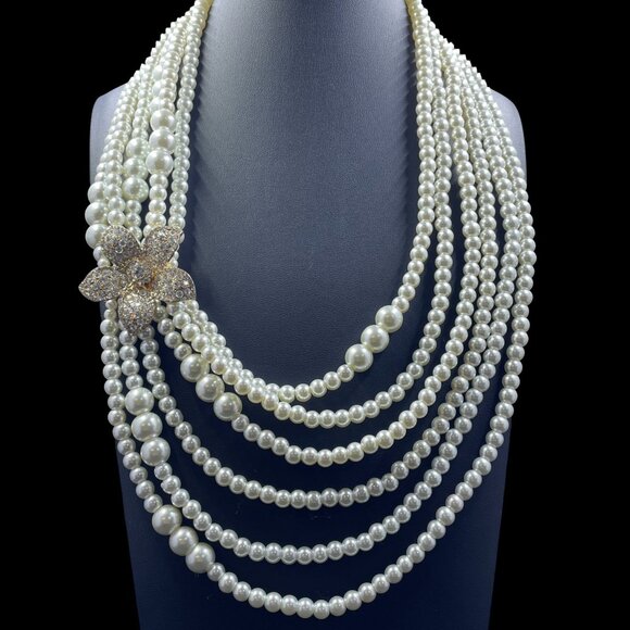 Coquette Pearlcore Statement Necklace Bridal Glam Vintage Elegant Prom Jewelry - Picture 4 of 9